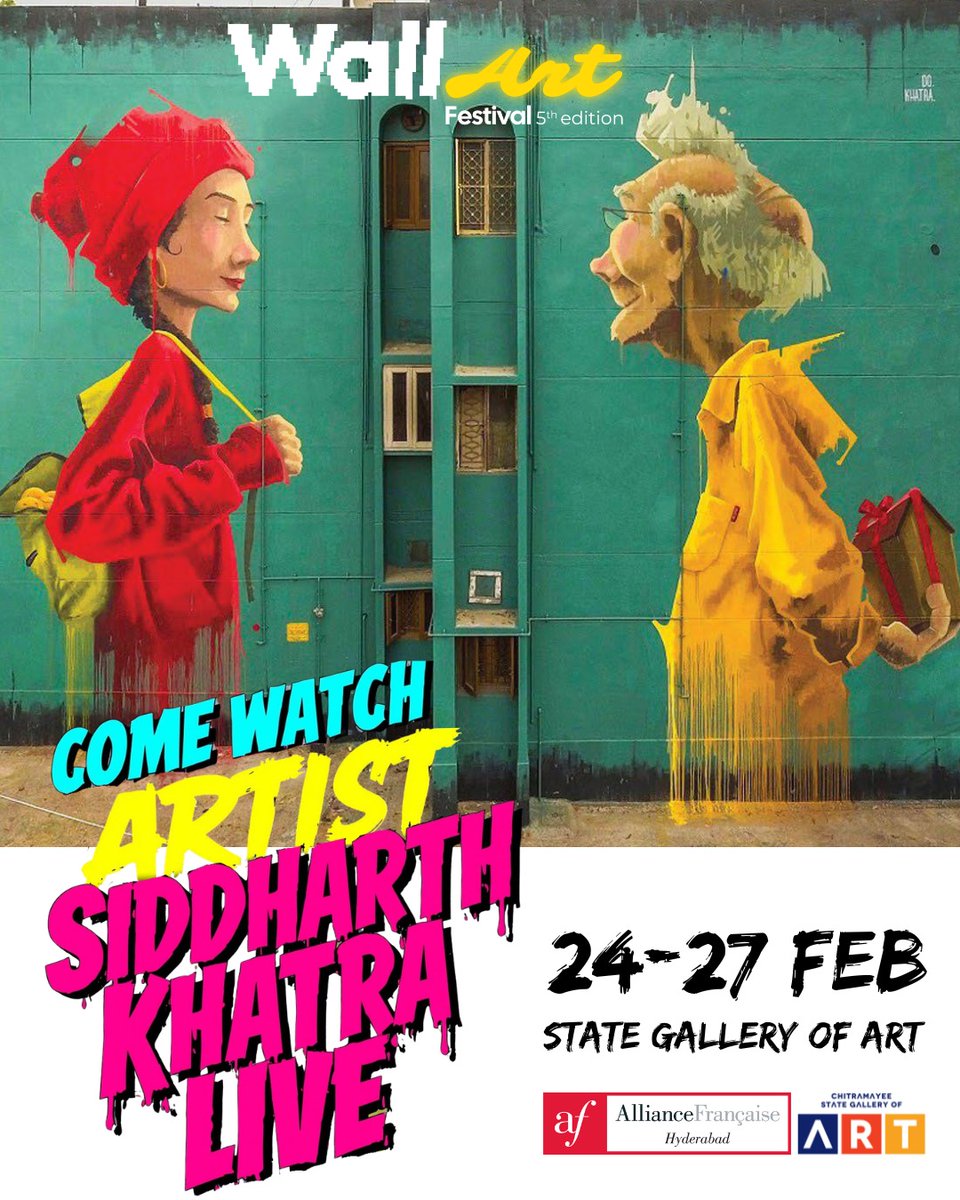 chitramayee's tweet photo. Alliance Française Hyderabad in collaboration with State Gallery Of Art presents Wall Art 5th edition live painting demonstration by Artist Siddharth Khatra from 24th to 27th Feb 2026 at State Gallery Of Art. https://t.co/1hBBlDIdEs
