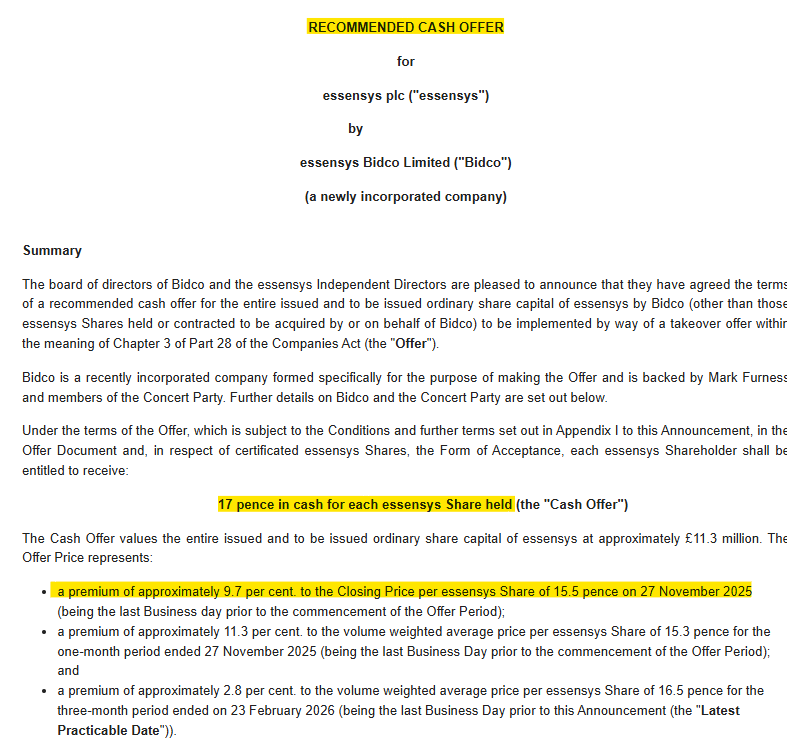 1James1n1's tweet image. #ESYS - Offer

➡️Having previously touted a possible bid of 20p from the founder, today it comes in at an under-whelming 17p, &amp;amp; 1p below y'day's close.
➡️Board reckons it delivers value against their "internal valuation of the business", plus it offers a premium on the pre-bid SP