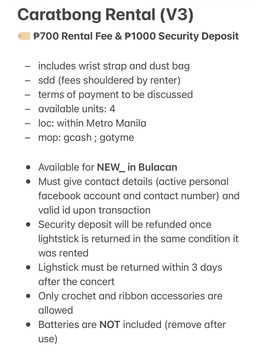 feat_lara's tweet photo. caratbong v3 for rent

— for NEW_ Tour in Bulacan
— rental fee ₱700
— security deposit ₱1000
— sdd 

check photo for more details.
dm if interested / for inquiries.

🏷️ wtr lfr ph seventeen svt cbv3 version 3

#SEVENTEEN_NEW_IN_BULACAN
#NEW_BULACAN https://t.co/MdTkPGJX6u
