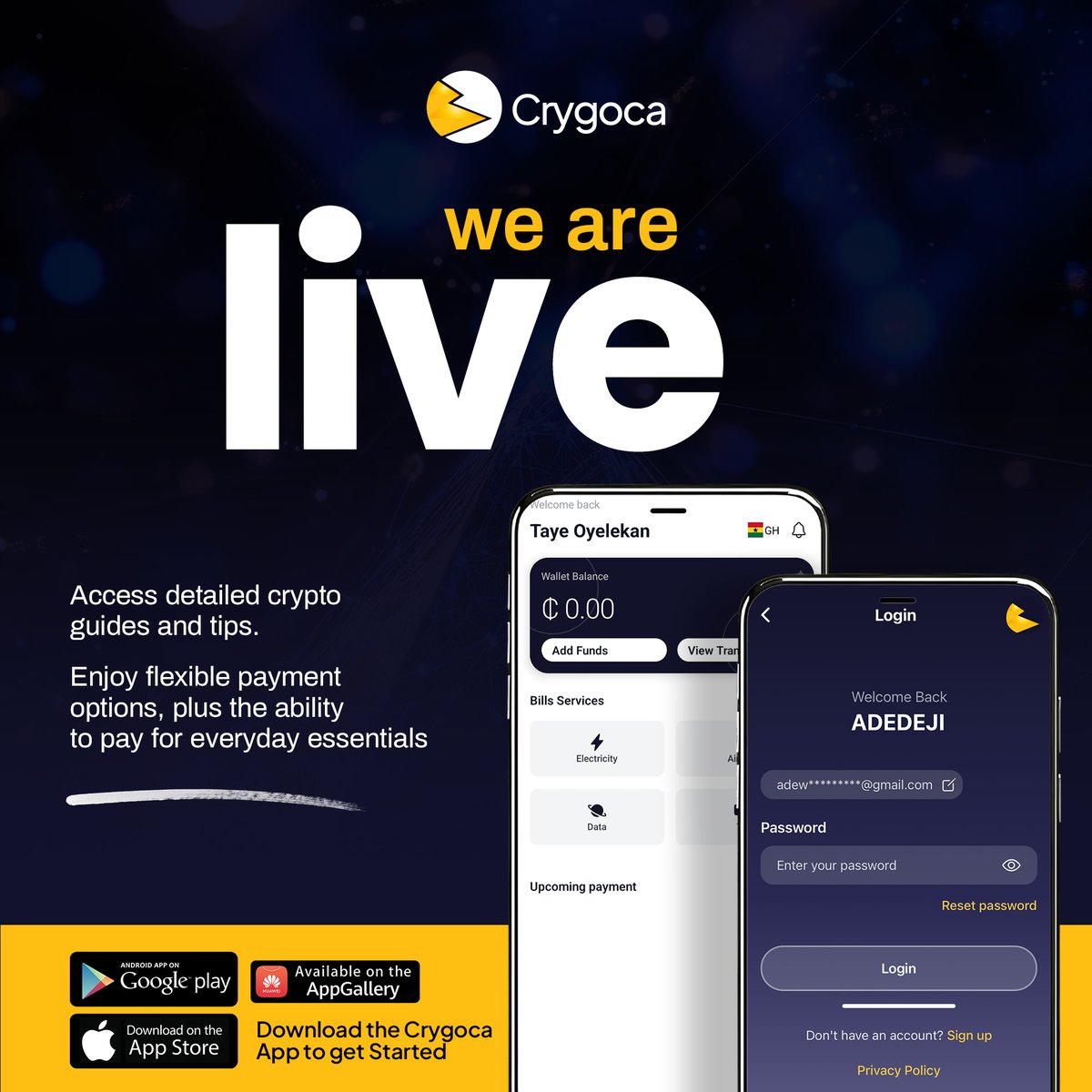 crygoca's tweet photo. Crygoca app is live 🚀

Buy crypto. Send tokens. Move money globally. Pay essentials.

Start now: https://t.co/vKy1POdwTo

#Crygoca #Crypto #Fintech #AppLaunchLive. https://t.co/oHqUoEZGwp
