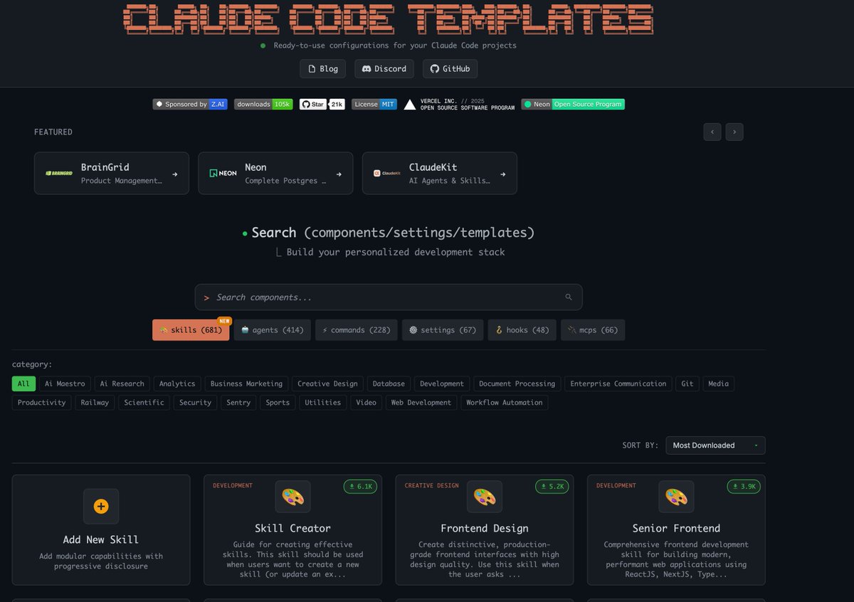 eğer claude code kullanıyorsanız aitmpl diye bi site var, claude code icin hazır template deposu. agent, command, hook, skill, mcp configlerini tek bi npx komutuyla projenize ekleyebiliyosunuz.

stripe, aws, shopify, github, openai, salesforce, twilio gibi 30dan fazla sirket ve