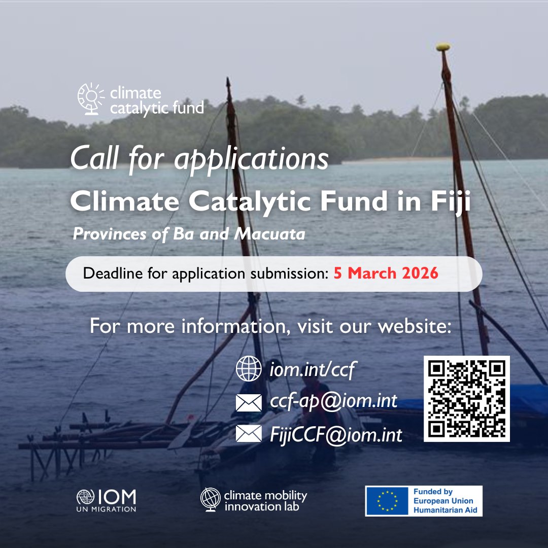 IOMAsiaPacific's tweet image. The Climate Catalytic Fund (CCF) is still accepting applications in #Fiji! 🇫🇯 ​

We support locally led climate adaptation projects in Ba &amp;amp; Macuata. ​

💶 Grant: Up to USD 25K ​

📅 Deadline: 5 March 2026 ​

🔗 Apply: bit.ly/4k5LkNo ​

ℹ️ Info: bit.ly/4q48RQi