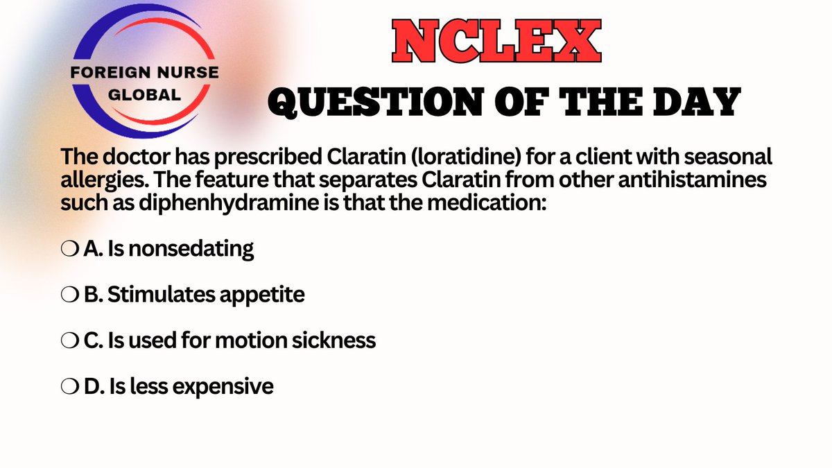 LET'S ATTEMPT NCLEX QUESTION TODAY....
SEND IN YOUR ANSWERS.....
THE CORRECT ANSWER WILL BE POSTED LATER.....
 #FNG #foreignnurseglobal #nclexreview #nclexsurepass #nclexmadeeasy #nclexpass #NCLEX #NCLEX_RN #nclexprep #nclexquestions #nclexstudy #nclextips #USRN #nclexpreparation