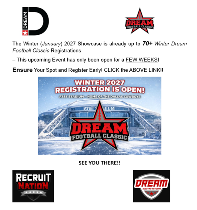 CoachDonRue's tweet photo. @bigkade_54!
Dream All American Events have ADDED Great Value to Prospects like You! 
I would like to invite YOU to attend our showcases! Our Games are in NFL Homes: Colts, Cowboys, Saints and Rams/Chargers!
Click the below link!
https://t.co/ApwXvE3U76 https://t.co/AEYftUvOCY