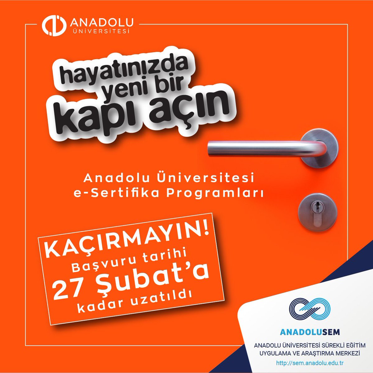 Anadolu_Univ's tweet photo. 📋Mesleki ve kişisel gelişimine katkı sağlamak isteyenler için Anadolu Üniversitesi e-Sertifika Programlarına başvurular 2️⃣7️⃣ Şubat’a kadar uzatıldı!

🔗 https://t.co/sxeA8I3Jmu bağlantısına tıklayarak programları inceleyebilir, çevrimiçi e-sertifika programlarına hemen kaydolabilirsiniz. 👩🏻‍🏫