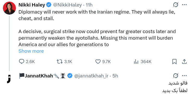 جنت‌خواه به فارسی برای نیک هیلی نوشته فالو شدید، لطفا بک بدید. چقدر این بشر دلقکه 😂