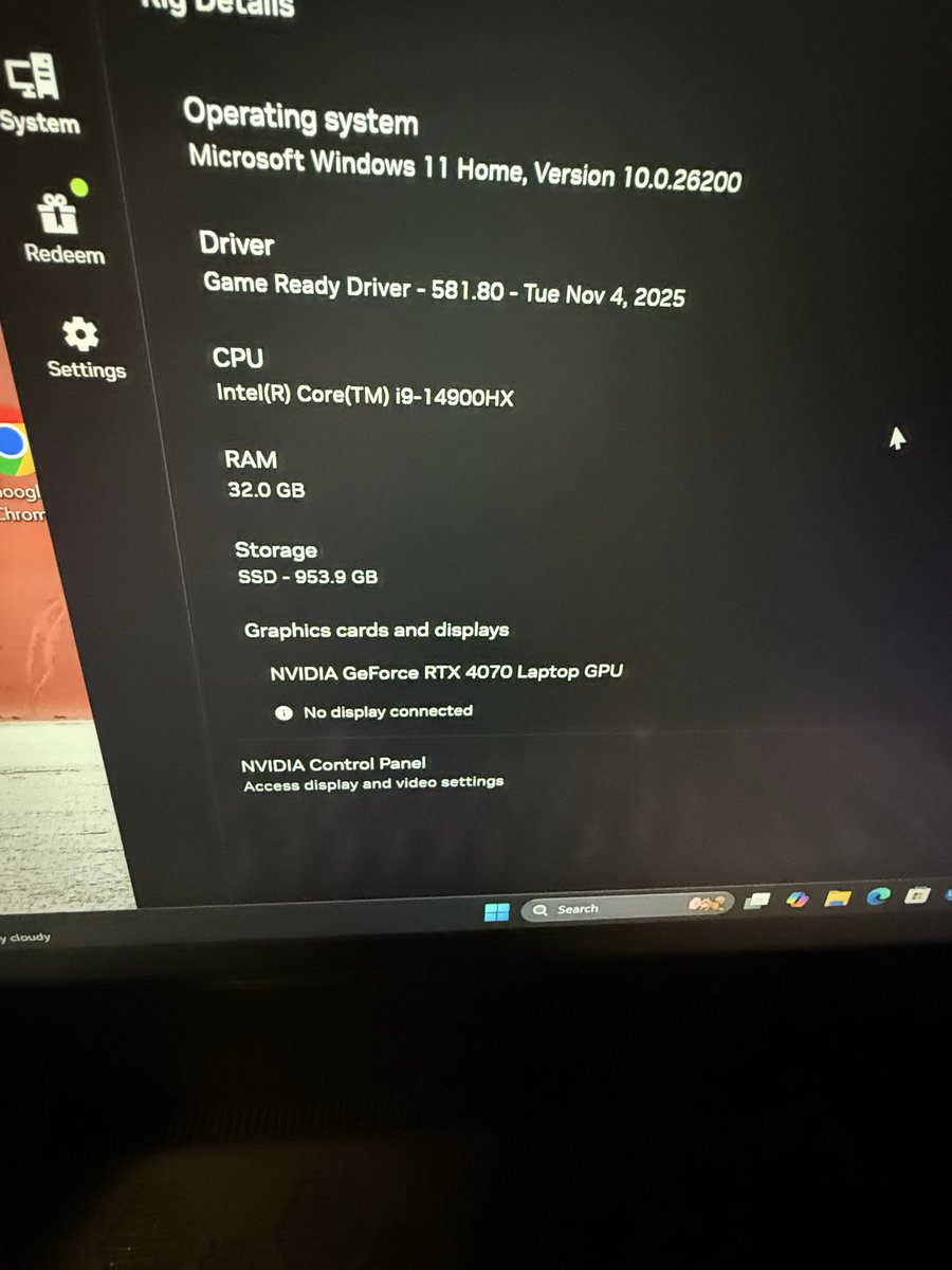 xZuaw's tweet photo. Selling my Dell ALIENWARE M18 R2 
Operating system
Microsoft Windows 11 Home, Version 10.0.26200
Driver
Game Ready Driver - 581.80 - Tue Nov 4, 2025
CPU
Intel(R) Core(TM) i9-14900HX
RAM
32.0 GB
Storage
SSD - 953.9 GB
Graphics cards and displays
NVIDIA GeForce RTX 4070 Laptop GPU https://t.co/YzNI9V8TXF