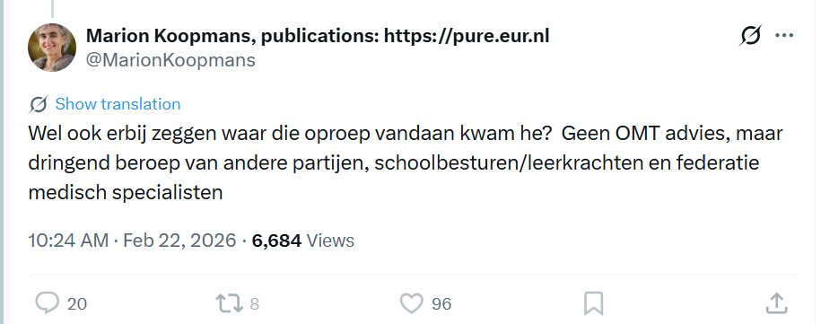 Zes jaar na dato veegt Marion Koopmans haar straatje schoon. Nog even, en het OMT protesteerde juist tegen het sluiten van scholen. Nou, ik heb wel meteen geprotesteerd, onder andere bij het CCC in Zwolle, en ik was de complotdenker en de wappie.
x.com/MarionKoopmans…
Het was