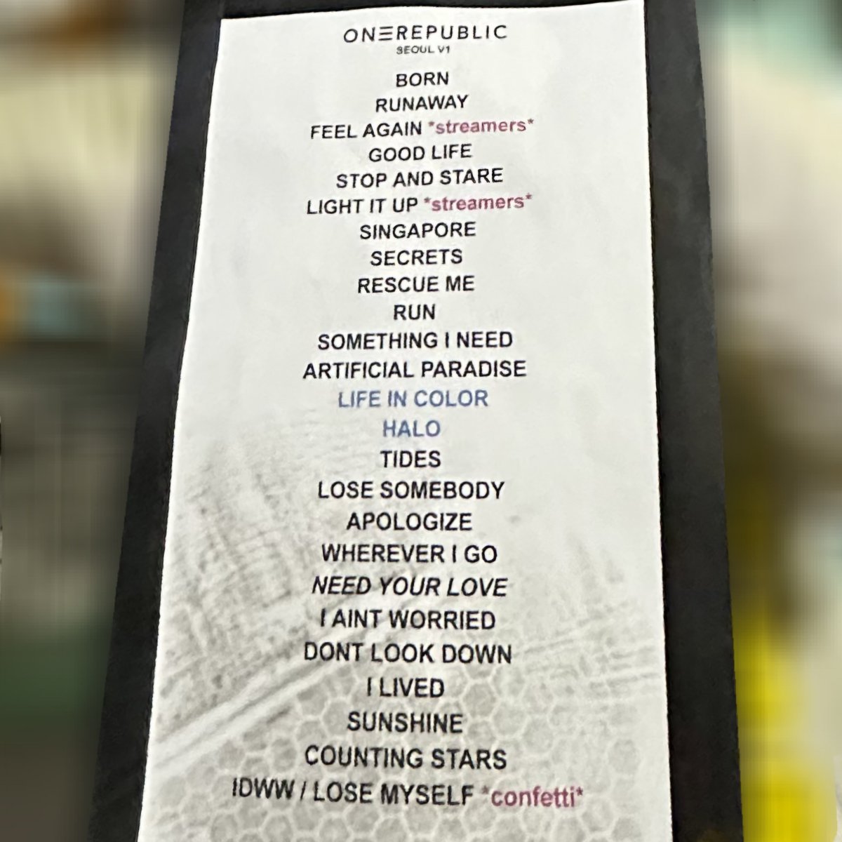 260223 Onerepublic concert setlist in Seoul!
This time "Wherever I Go" has performed, and they also played "Don't look down" from NATIVE album!!🥹 <a href="/OneRepublic/">ONEREPUBLIC</a> 
#원리퍼블릭