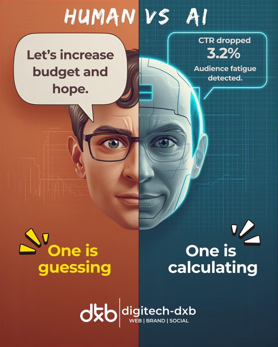 DigitechDxb's tweet photo. Human: “Let’s increase budget and hope.”
AI: “CTR dropped 3.2%. Audience fatigue detected.”
One is guessing.
One is calculating.

#DataDriven #AIVsHuman #DigitalGrowth https://t.co/4XKg3d49D4
