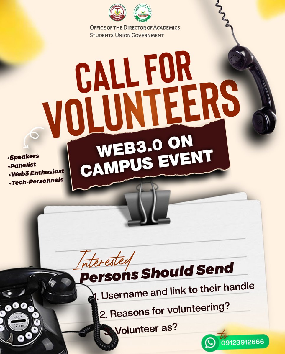 Exciting Opportunity for UNIUYO Students! 

We're bringing Web education to Campus, an empowering event to dive into blockchain, decentralization, crypto, dApps, and the future of the web!  

We're calling for passionate volunteers:  
- Speakers  
- Panelists  
- Web3 Enthusiasts