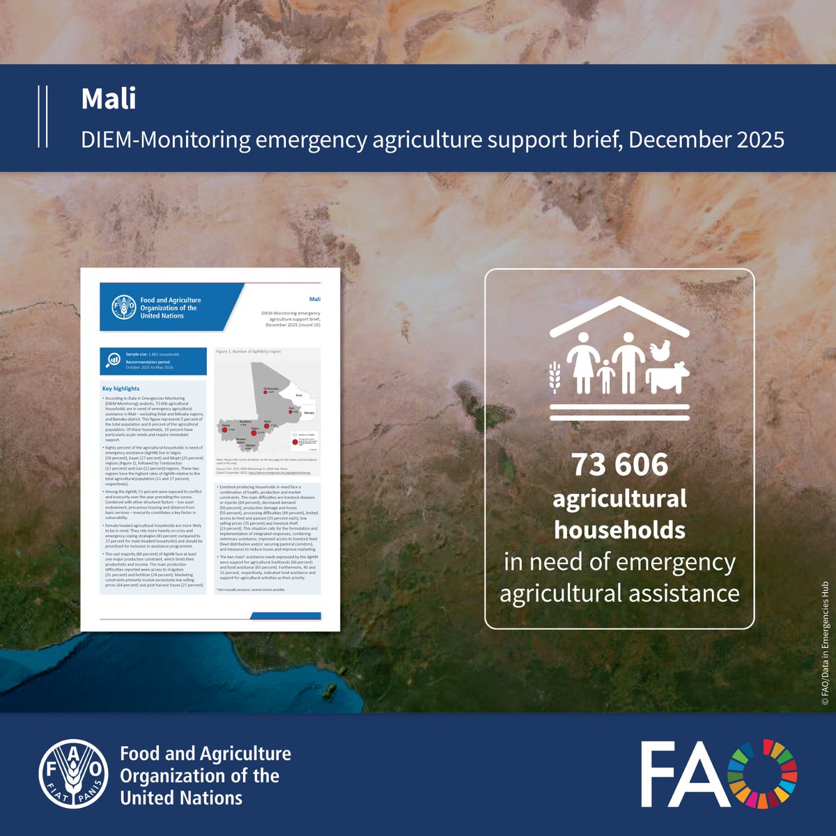 FAOemergencies's tweet photo. An estimated 73 606 agricultural households in Mali are in need of emergency assistance according to the latest #DataInEmergencies analysis.

66 percent expressed a need for agricultural livelihoods support in combination with food.

Read more👉 https://t.co/l2qF7AKIxt

#AgHiN https://t.co/6Hj742YFUM