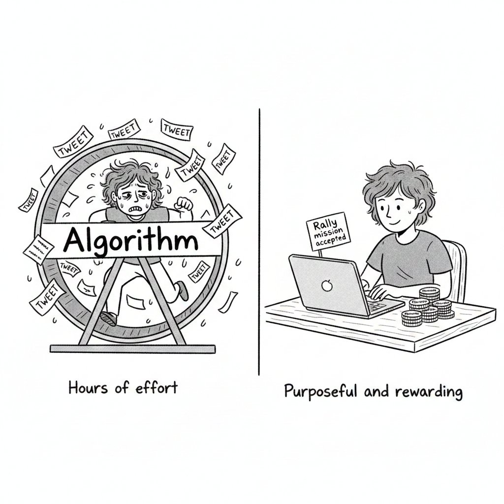 Sujeet0108's tweet photo. Most creators are stuck chasing algorithms instead of building verifiable impact.
Traditional blockchains can’t validate subjective contributions — so real effort goes unrewarded. @RallyOnChain

Coordination becomes verifiable.
Rewards become transparent. https://t.co/JCtJmSUWMm