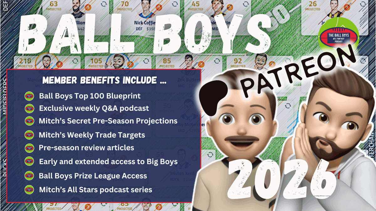 A reminder to jump on board as a Patreon member this pre-season! Joining the Ball Boys family gives you access to all the content below.

🚨 To be involved in the Ball Boys open league you need to be signed up before the start of round 1! 🚨 #AFLFantasy