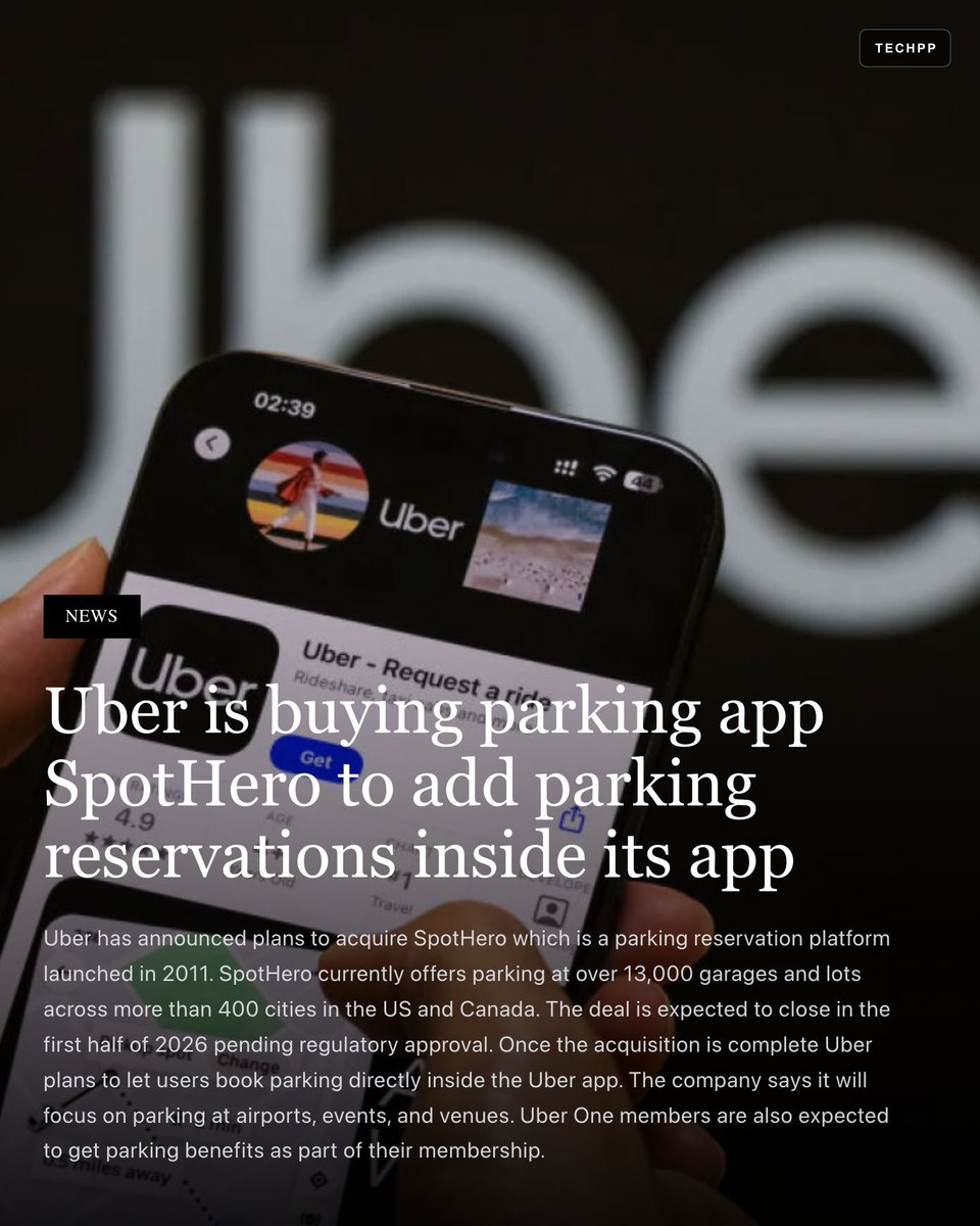 techpp's tweet photo. Uber is buying parking app SpotHero to add parking reservations inside its app
#Uber #SpotHero #Parking #Acquisition https://t.co/qPOrY6eEQC
