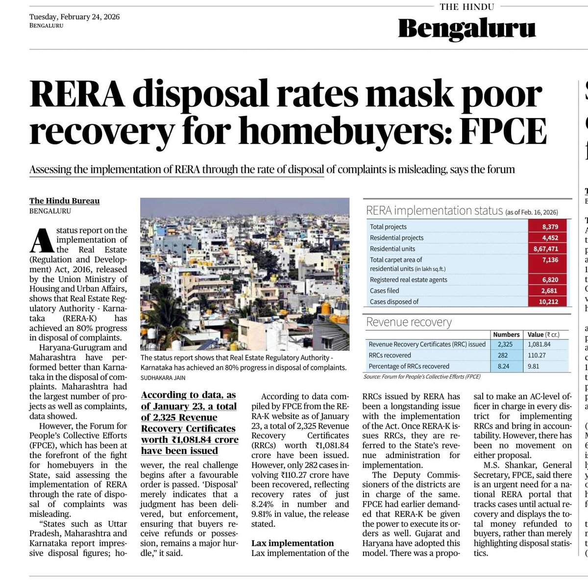 <a href="/narendramodi/">Narendra Modi</a> <a href="/mlkhattar/">Manohar Lal</a> <a href="/Secretary_MoHUA/">Srinivas Katikithala</a> <a href="/abhaykol/">Abhay Upadhyay</a> <a href="/msshankar1961/">M.S.Shankar.</a> <a href="/MoHUA_India/">Ministry of Housing and Urban Affairs</a> <a href="/jagograhakjago/">Consumer Affairs</a> <a href="/rohitksingh/">Rohit Kumar Singh</a> <a href="/TheDailyPioneer/">The Pioneer</a> <a href="/journalistjha/">Deepak Kumar Jha</a> <a href="/amitabhk87/">Amitabh Kant</a> <a href="/ShamikaRavi/">Prof. Shamika Ravi</a> <a href="/ARanganathan72/">Anand Ranganathan</a> <a href="/NITIAayog/">NITI Aayog</a> <a href="/narendramodi_in/">narendramodi_in</a> RERA’s disposal rates hide the real crisis.
FPCE analysis of Karnataka-RERA shows: 
• 2,325 RRCs issued
• Worth ₹1,081.84 cr 
 • Only 282 recovered
• Just 8.24% recovery (cases) &amp; 9.81% (value)
Orders mean nothing without enforcement.  Recovery, not optics pls. 
<a href="/the_hindu/">The Hindu</a>