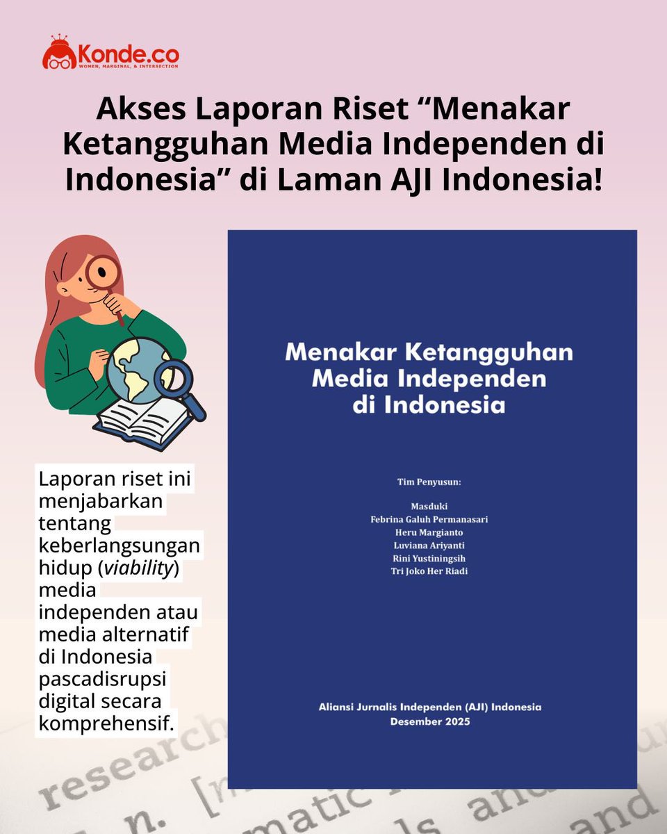 konde_co's tweet photo. Konsep ketangguhan media atau media viability menjadi salah satu gagasan baru. Laporan ini merupakan upaya memperkenalkan sekaligus mengadaptasi gagasan global tentang media viability, untuk kondisi media alternatif di Indonesia pasca disrupsi digital.

Laporan riset “Menakar Ketangguhan Media Independen di Indonesia” ini merupakan kerja sama antara AJI Indonesia, BBC Media Action, dan International Federation of Journalism (IFJ). https://t.co/7M6NyBsQQq menjadi bagian dari Tim Penyusun riset ini.

Tersedia dalam 2 versi bahasa (Indonesia dan Inggris), dan dapat diunduh di laman https://t.co/Hk5hMmx2Ck:

Bahasa Indonesia: https://t.co/IAy9Puevu9

Bahasa Inggris: https://t.co/hZCnw5FKyI 

Tim Penyusun:
Masduki
Febrina Galuh Permanasari
Heru Margianto
Luviana Ariyanti (https://t.co/7M6NyBsQQq)
Rini Yustiningsih
Tri Joko Her Riadi

Editor:
Masduki

Tim Sekretariat:
Aprida Minda Mora
Putri Adenia
Thoriq Haidar

Desain dan Tata Letak:
Krisna Sahwono

#RisetMediaAlternatif
#ViabilityMedia
