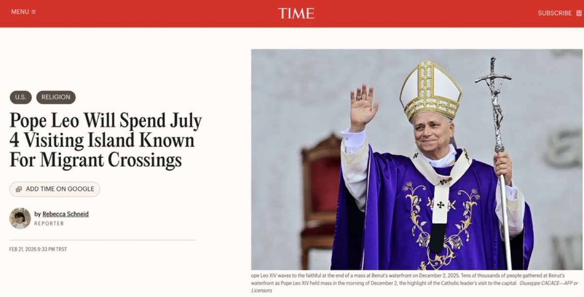 🇺🇸🇻🇦 | JD Vance invitó al Papa León XIV a asistir a las celebraciones del 250° aniversario de la fundación de Estados Unidos, el 4 de julio de 2026, y entregó una carta formal en el Vaticano.

El Papa declinó y en su lugar anunció que pasará el 4 de julio en Lampedusa, Italia,