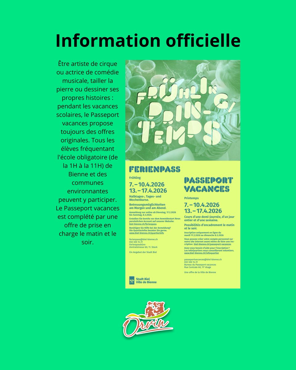 🎨🎪 Passeport vacances – Printemps 2026
Des activités créatives et originales pour les enfants et jeunes (1H–11H) durant les vacances scolaires 🌈
📅 7–10.04 &amp; 13–17.04.2026
ℹ️ Infos &amp; inscriptions 👉 biel-bienne.ch/fr/passeport-v…

#orvin #passeportvacances