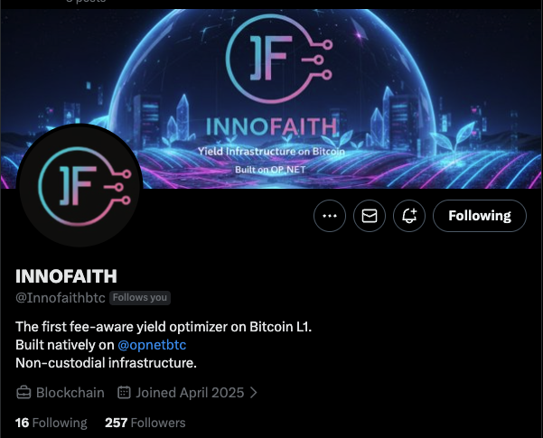 OPtrackbtc's tweet photo. Verified on OPtrack ✅

Welcome @Innofaithbtc to the Ecosystem Directory 🍊

The first fee-aware yield optimizer on Bitcoin L1.

→ Auto harvest, swap & restake
→ Non-custodial infrastructure
→ Built natively on @opnetbtc
→ Testnet vaults opening next week 🔥

Yield farming is coming to Bitcoin. These guys are building the infrastructure for it.

Definitely one to keep on your radar 👀

Building on OP_NET? Get listed 👇
https://t.co/PIIHAC7rOz

@opnetbtc @Motoswap🍊💊
