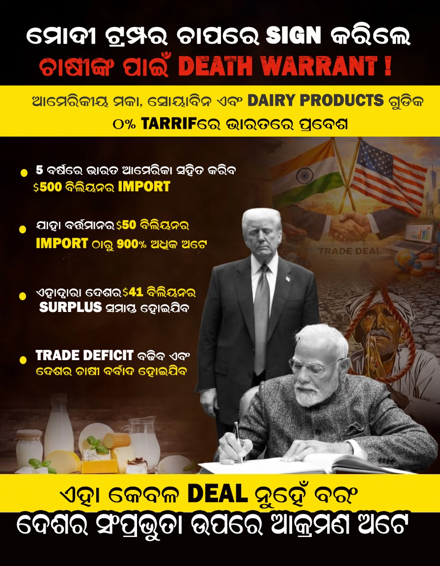 ମୋଦୀ ଜୀ Trump ର ଚାପରେ ଚାଷୀଙ୍କ Death Warrant ରେ କଲେ Sign ଏବଂ ଦେଶର ସମ୍ପ୍ରଭୁତା ସହିତ କଲେ  ବୁଝାମଣା‼️
