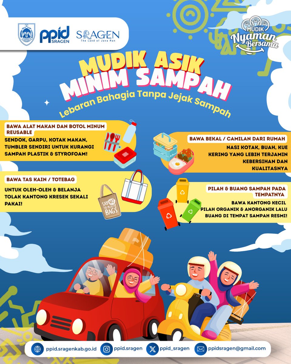 Mudik bareng keluarga, pulang dengan cerita indah—bukan sampah 🧺

Mulai dari hal sederhana: bawa bekal, tas kain, dan pilah sampah.

🌱 Lebaran bahagia tanpa jejak sampah.

#sobatppid
#MudikRamahLingkungan
#MudikAsik