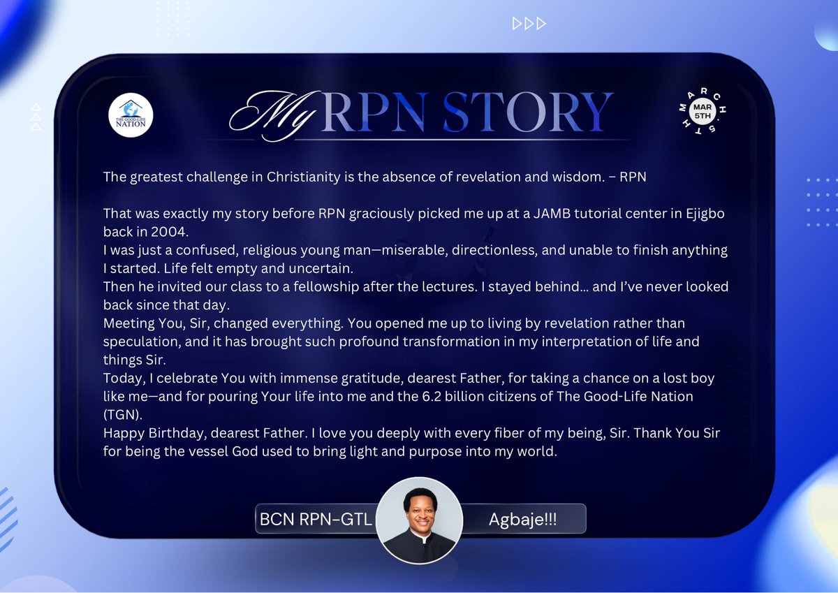 TGLFInc's tweet photo. Before RPN, Christianity was abstract to us; through him, revelation became practical, faith became productive, and dominion became our lived experience.

MY RPN STORY

#RepositoryRPN
#TheGodBestFriend https://t.co/wybbbTO60P