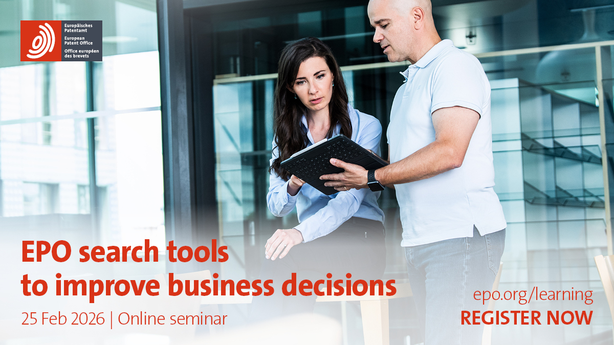 EPOorg's tweet photo. ⏰ Last chance to register!
Join our seminar and discover how to:
🔎 Filter and analyse patent data with #Espacenet
📈 Generate advanced statistics using #PATSTAT
🗓️ 25 February
👉 Sign up: https://t.co/IA8wOCzKrf
#IPTraining https://t.co/IP3ZW86zp7