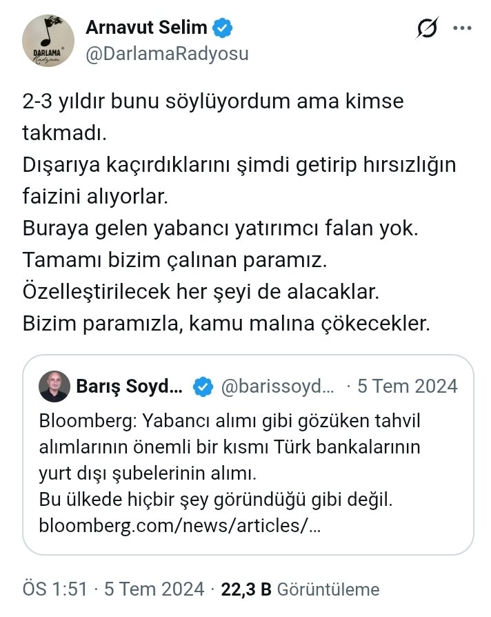 AKP-MHP'nin yabancı sermaye getirmeye çalıştığı fikrine neden kapıldı insanlar çözemiyorum.

AKP-MHP tayfasının elinde yüzmilyarlarca $ var. Kamu malına ve içeride sıkıştırdıkları sermayenin elindeki yatırımlara çökmek için bekliyorlar.
Kıvama gelene kadar, ellerindeki nakdi