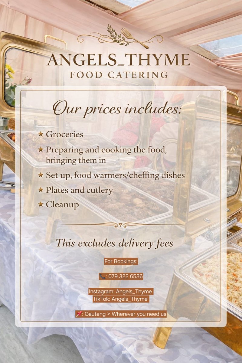 BothsideMo's tweet photo. BOOKINGS FOR 2026 ARE NOW OPEN!
(PRICES INCLUDED)

For Bookings:

📞: 079 322 6536
📧: serema.morongwa@gmail.com 

Instagram: Angels_Thyme 
TikTok: Angels_Thyme 

6 years in the catering industry 👌 well trusted

📌: Based Gauteng > Wherever you need us https://t.co/kzCdkC4tmC