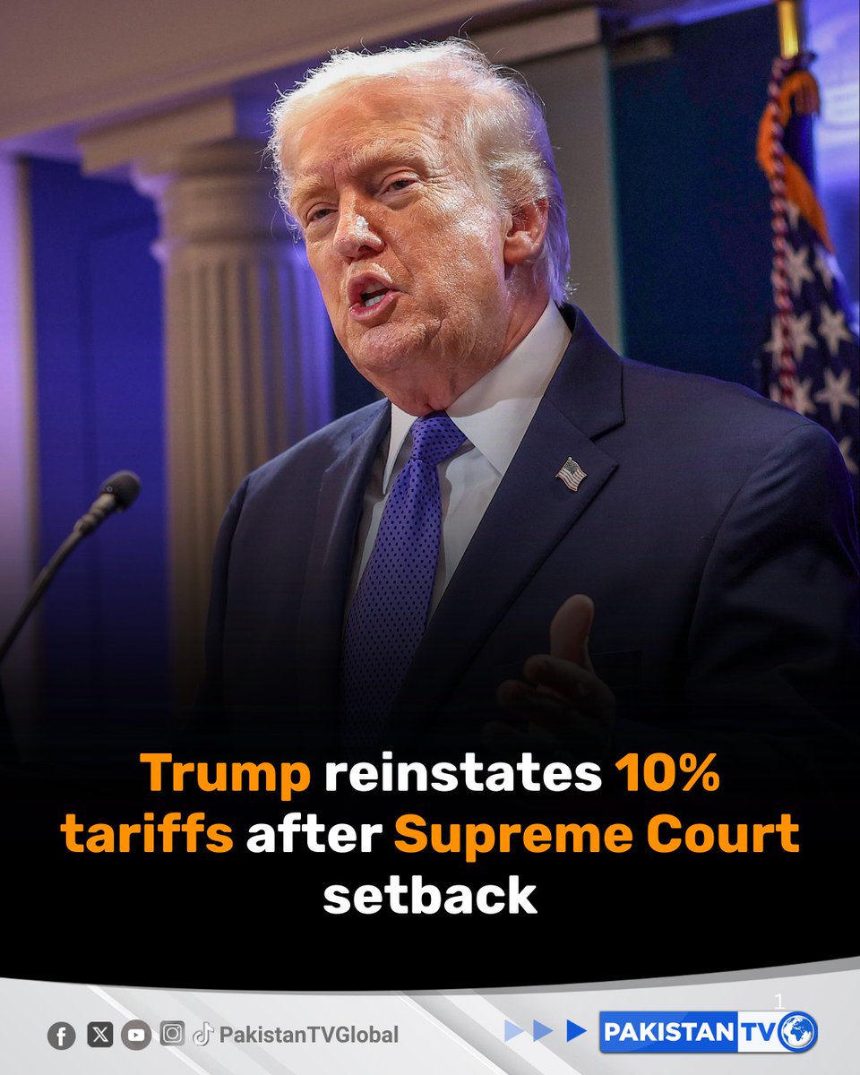 PakTVGlobal's tweet photo. Fresh US import tariffs took effect Tuesday as President Donald Trump moved to revive his trade agenda following a Supreme Court of the United States ruling against several of his earlier global duties, citing balance-of-payments concerns.
#Trump #USImportTariffs #GlobalTradePolicy #PakistanTV #PakistanTvglobal