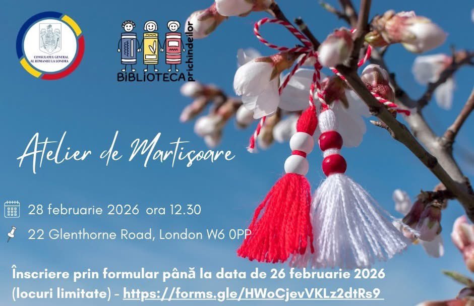 Prichindeilor, vă așteptăm la consulat ! De data aceasta pentru a pregăti împreună un #mărțișor pentru cei dragi vouă!

📌Sâmbătă, 28 februarie 2026, ora 12.30📌

Atelier de confecționare a mărțișoarelor destinat copiilor, organizat de <a href="/CGLondra/">Consulate General of Romania in London</a> și Biblioteca Prichindeilor din