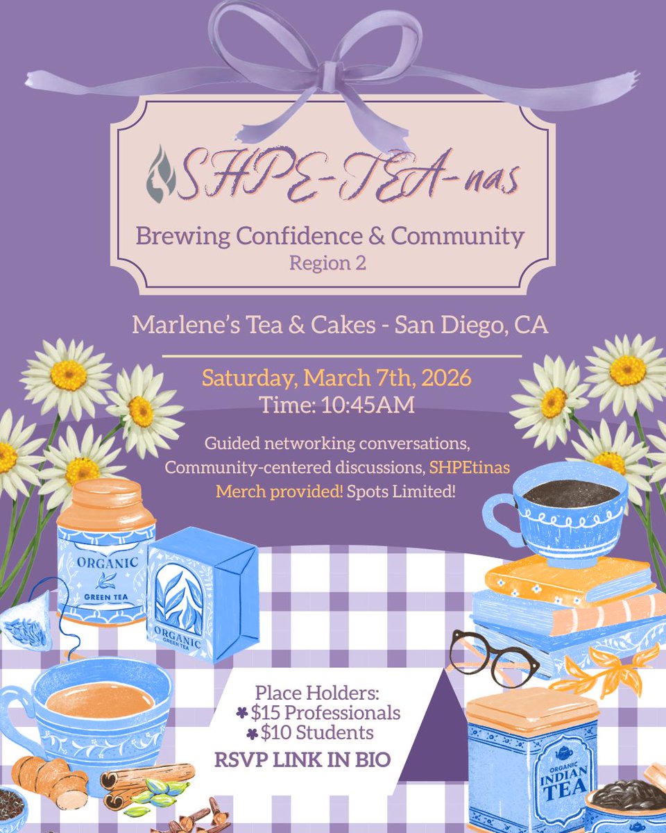 Calling all San Diego SHPEtinas! 🪻💜

Warm tea, real talk, and even better company. Join us for a morning dedicated to sharing our stories and building each other up. Let’s strengthen our community together, one sip at a time. ☕✨

RSVP: docs.google.com/forms/d/e/1FAI…