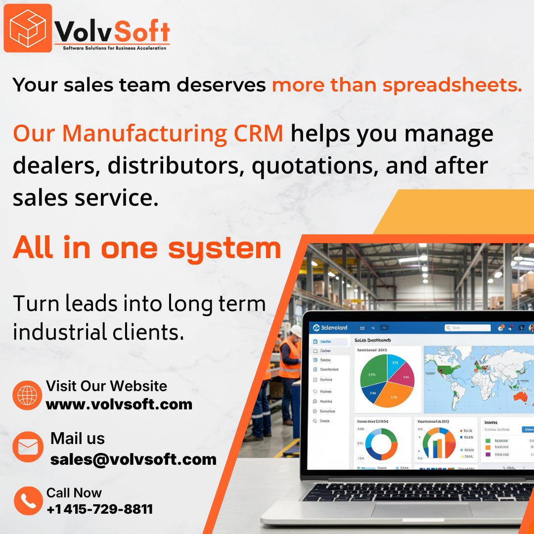 volvsoft's tweet photo. Still using spreadsheets to manage sales?

Our Manufacturing CRM keeps dealers, quotes &amp; service in one system.

Simple. Organized. Scalable.

#Volvsoft #ManufacturingCRM #CustomSoftware #BusinessGrowth https://t.co/gPjiSKvvc9
