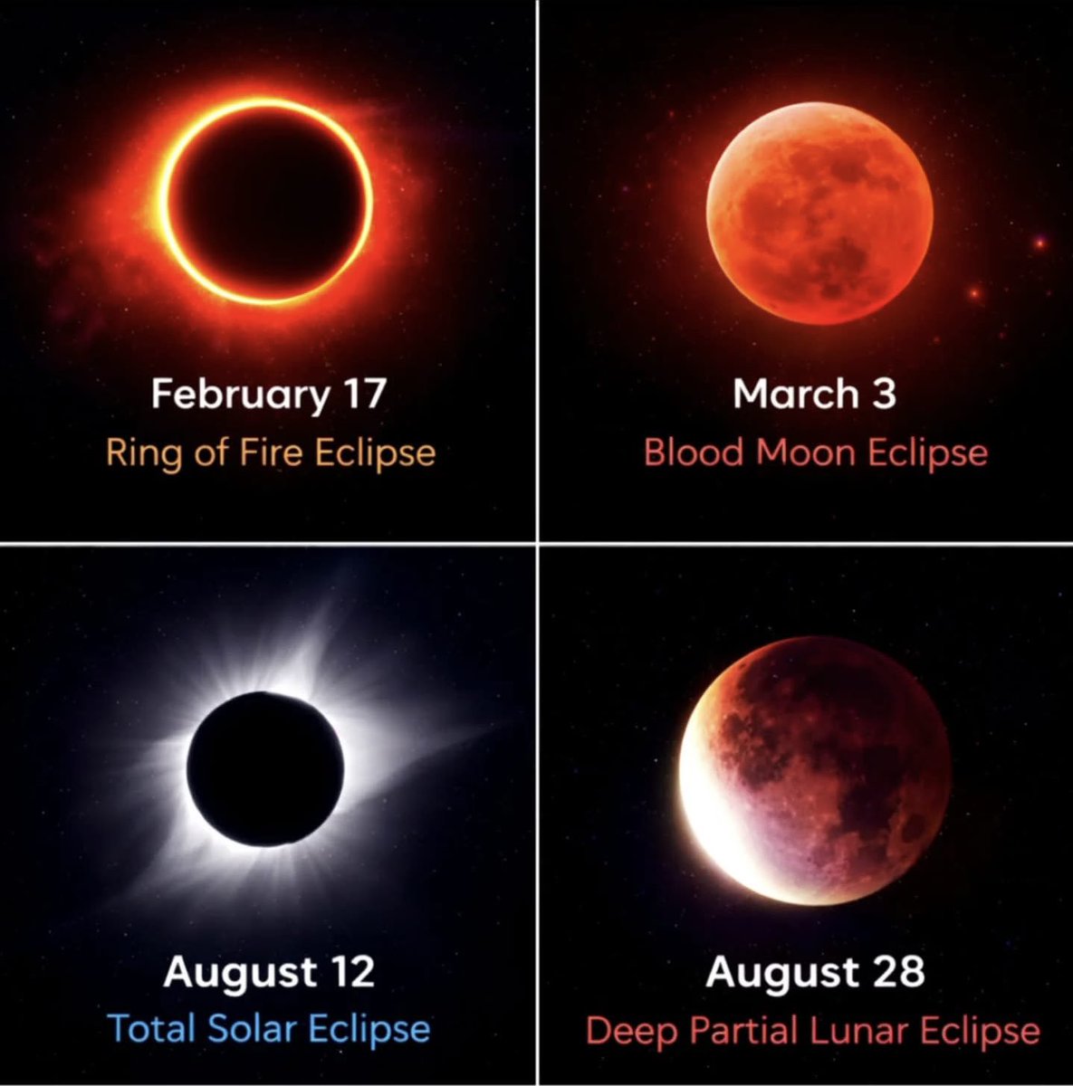 🚨: Four powerful eclipses are coming in 2026.

From the fiery Ring of Fire eclipse to a deep red Blood Moon and a rare total solar eclipse, the sky has some unforgettable moments ahead.

Bookmark this and mark your calendar so you don’t miss them.