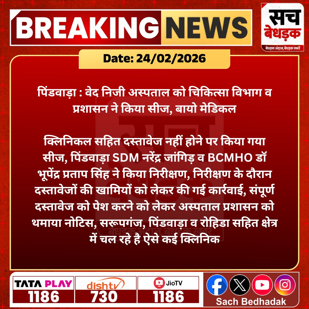SachBedhadak's tweet photo. #सिरोही #पिंडवाड़ा : वेद निजी अस्पताल को चिकित्सा विभाग व प्रशासन ने किया सीज, बायो मेडिकल, क्लिनिकल सहित दस्तावेज नहीं होने पर किया गया सीज...

@Dmsirohi #SachBedhadak #RajasthanNews #News #LatestNews #SBNews https://t.co/JEXiqEk08k