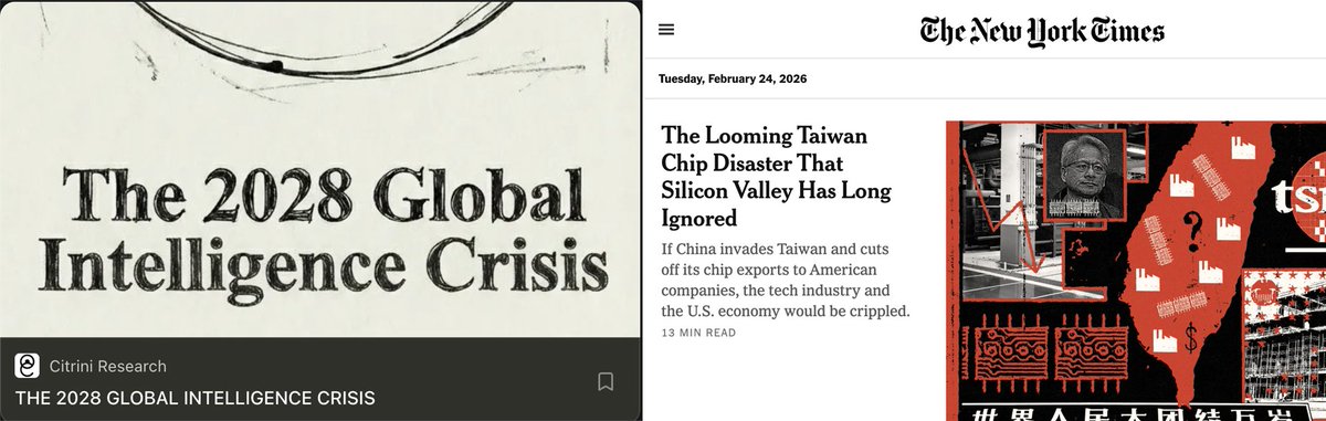 NYT: If Taiwan's AI chip capacity were destroyed it would be an economic apocalypse

Citrini: Abundant AI would be an economic apocalypse

Offsetting apocalypses, we should be fine