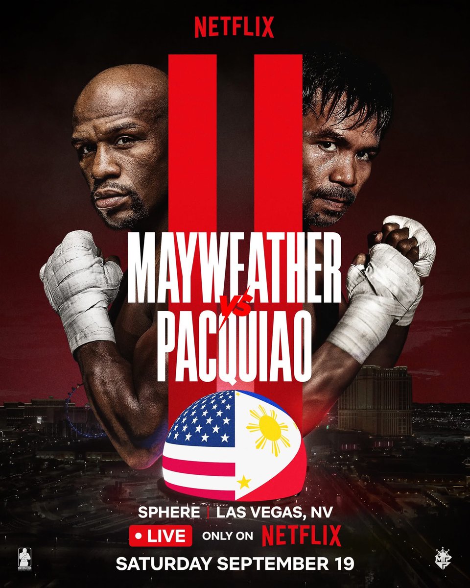 GinnenSports's tweet photo. FLOYD MAYWEATHER vs. MANNY PACQUIAO

Two of the greatest icons in boxing history will meet again in the first-ever professional boxing match at Sphere in Las Vegas.

Saturday September 19
LIVE globally only on Netflix
#MayPac2 https://t.co/dUxP3mFQkZ