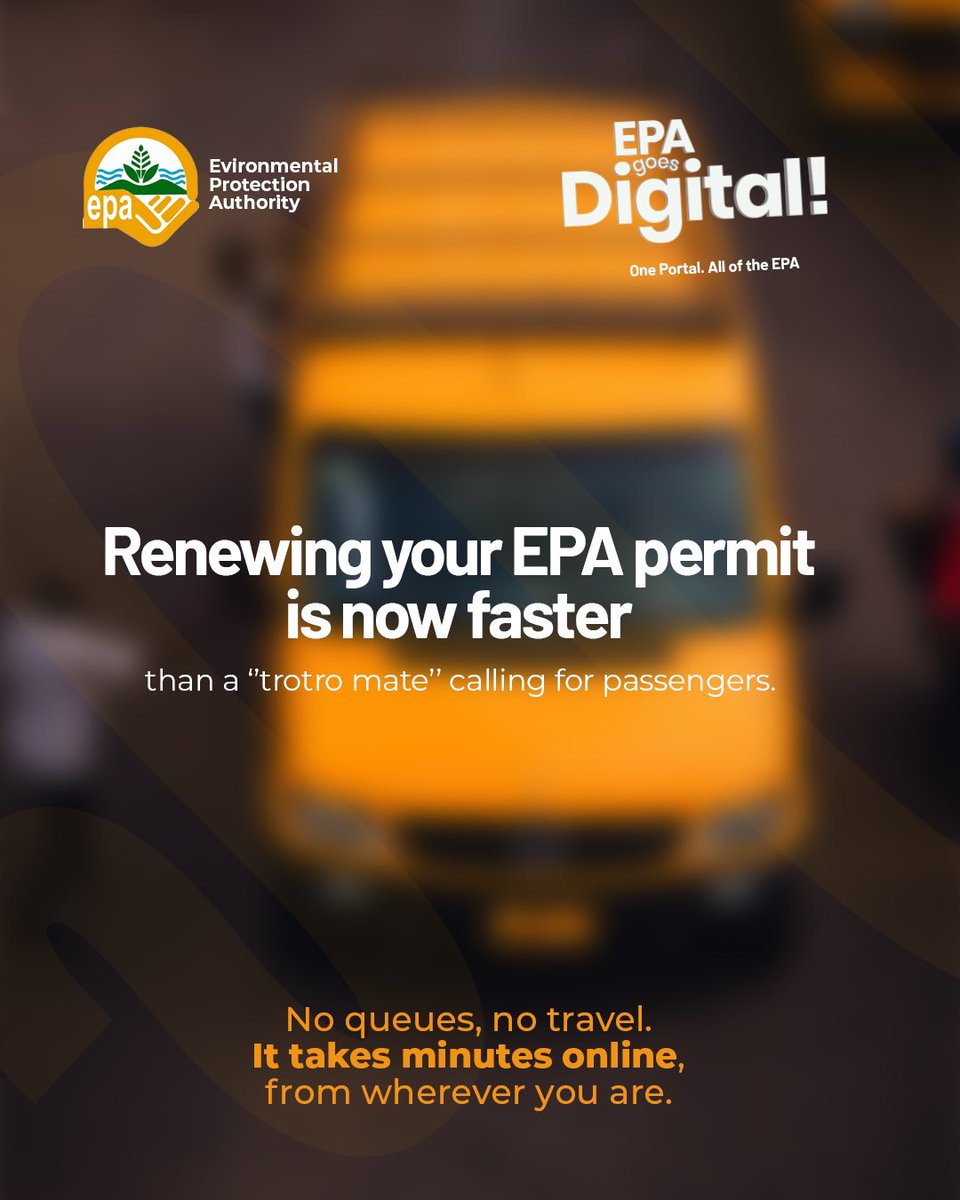 EPA_Ghana's tweet image. Why wait in line when you can go online? 
The EPA digital portal is here to make permit renewals seamless. No queues, no travel, just minutes of your time from wherever you are.

#EPA #EPAGoesDigital #EPAGhana #ProtectOurEnvironment #EnvironmentalProtection #SustainableGhana