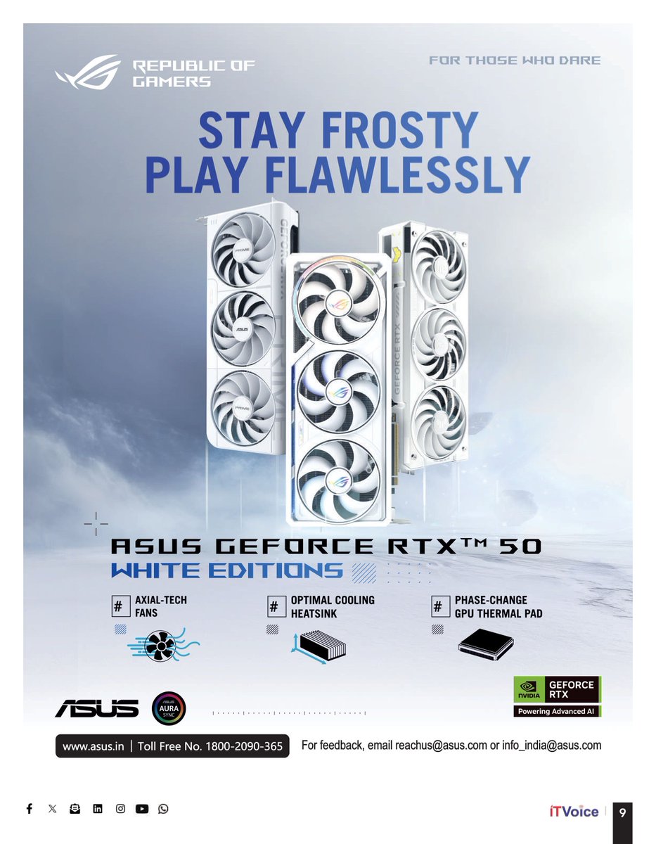 itvoice's tweet photo. Stay frosty. Play flawlessly.
ASUS GeForce RTX 50 White Editions deliver advanced cooling and next-level graphics performance for serious gaming builds.

#ASUS #ROG #RTX50 #GamingPC #NextGenGPU #PerformanceGaming https://t.co/Pl11iVW1HL