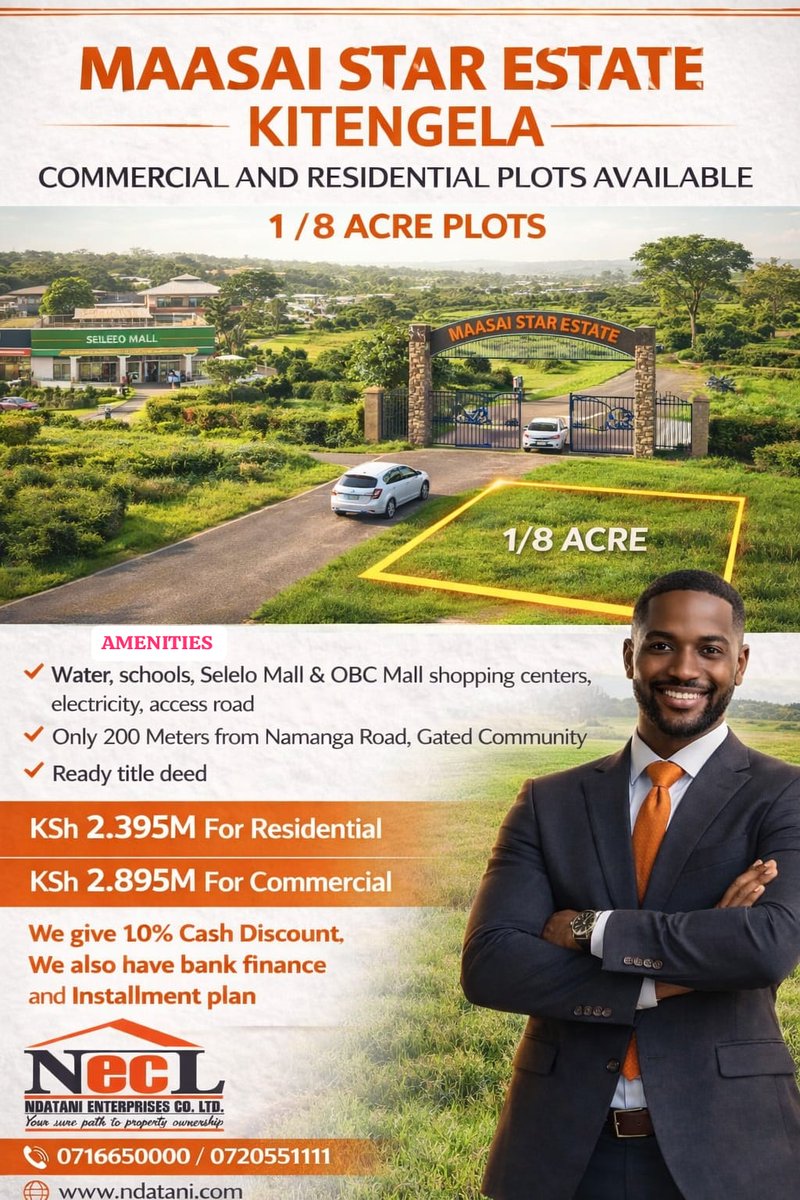 ndataniplots_Ke's tweet image. Invest smart with Ndatani Plots – Own your piece of Maasai Star Estate today. Commercial and residential plots available with ready title deeds from as little as Ksh. 2.3M.

Call us: 0716 652 896 / 0716 650 000 / 0720 555 111
Visit: ndatani.com
 #InvestInLand 
#plots