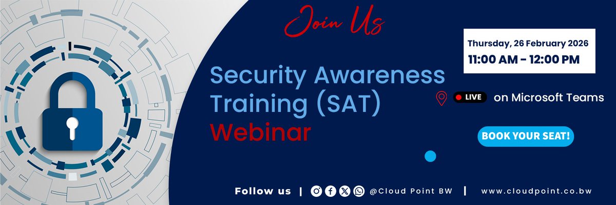 Join Us Thursday for a Security Awareness Training (SAT) Webinar!
Be part of our LIVE SAT Webinar and learn how to protect your organization from phishing, ransomware, and human-factor attacks.
👉 Book your seat today! rb.gy/5beor0

#CyberSecurity #SecurityAwareness