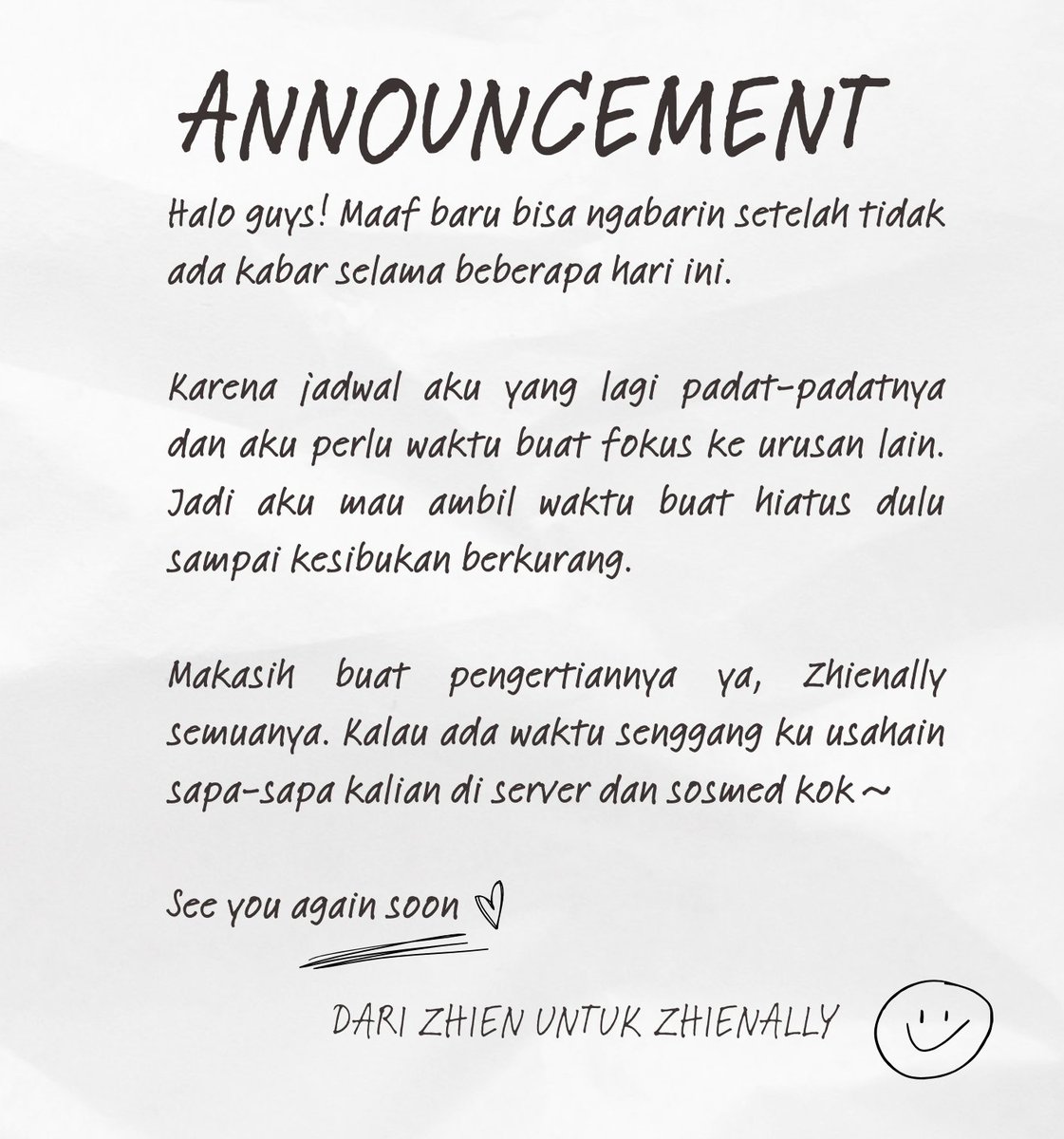 Pengumuman mengenai aktivitas streaming Kirisaki Zhien