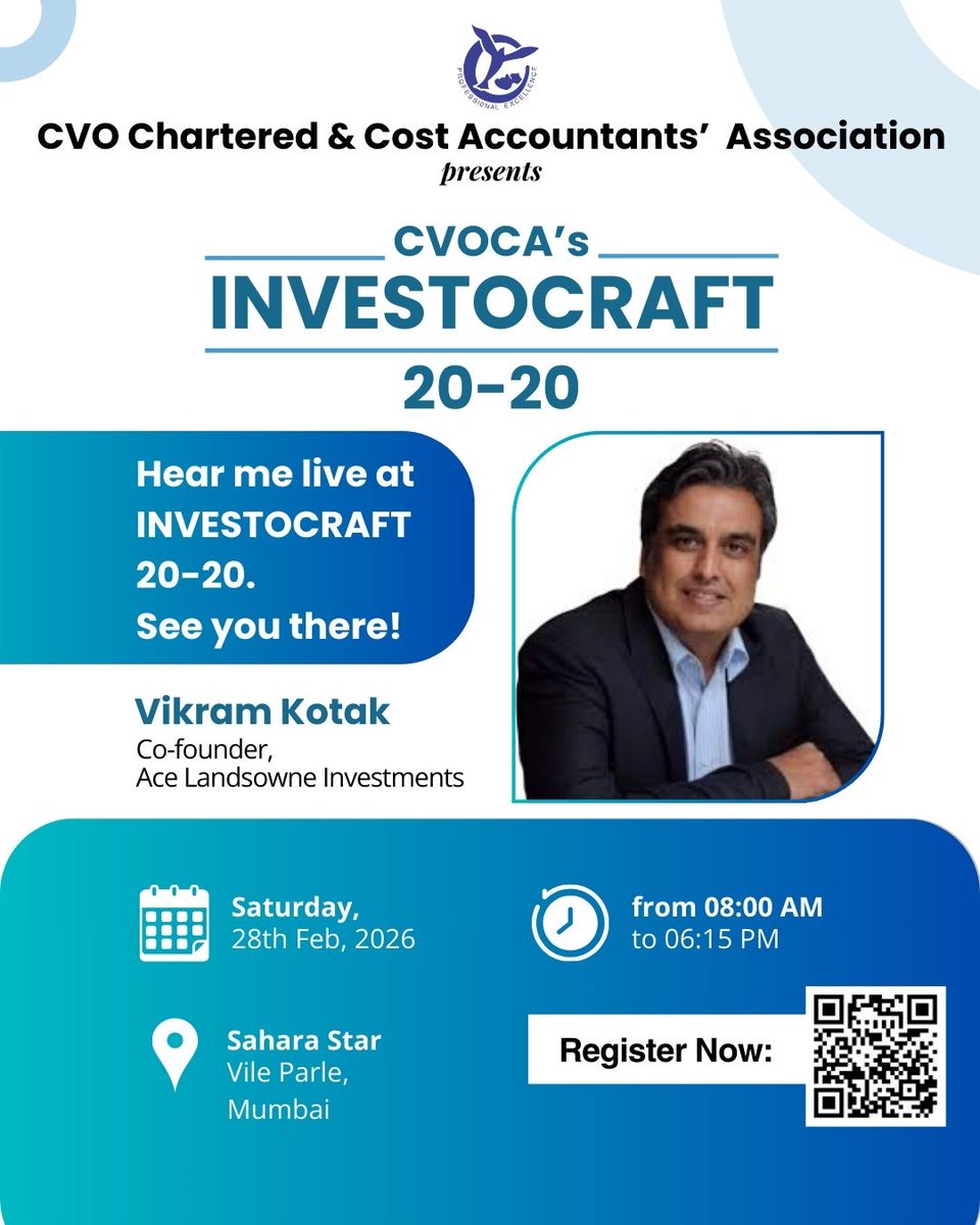 cvocain's tweet photo. 📷 CVOCA’s INVESTOCRAFT 20–20 is here!

Join us for a power-packed day of insights, learning, and networking with industry leaders. We’re excited to host Vikram Kotak, Co-founder, Ace Landsowne Investments, as Key Note Speaker, as he shares his expertise live on stage! https://t.co/2OVkRkzogl