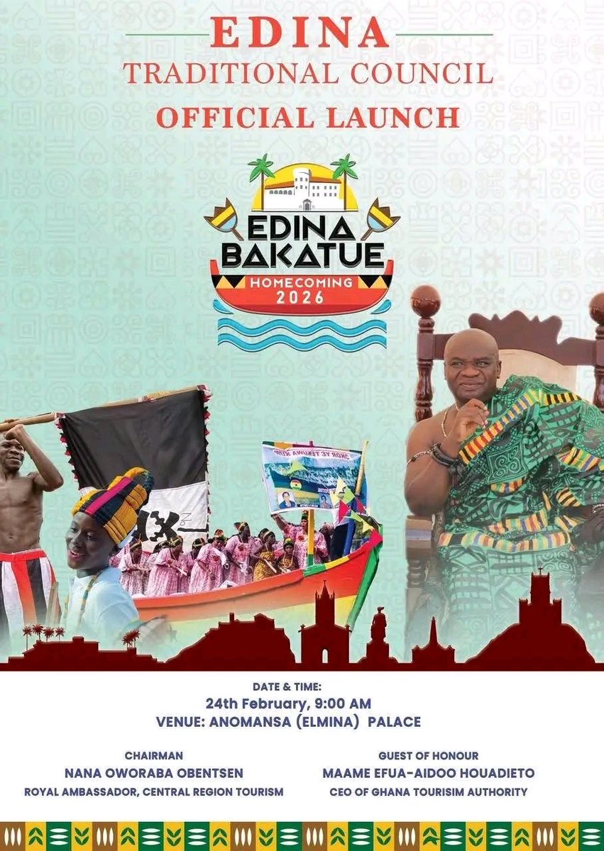 Edina Bakatue Homecoming 2026 is here! 🌊✨
Join the Official Launch on 24th February, 9:00 AM at Anomansa (Elmina) Palace.
Let’s celebrate our heritage and unity together.
#EdinaBakatue2026 #Homecoming2026 #Elmina