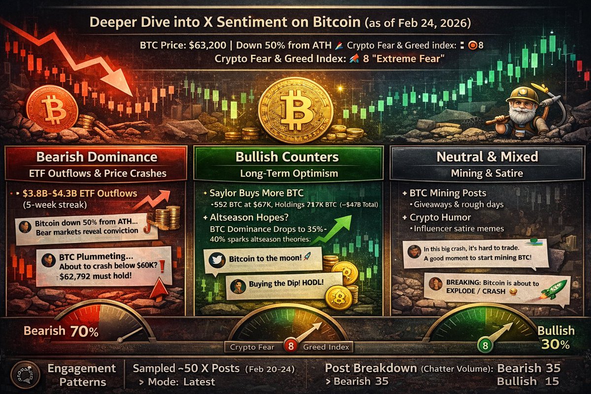 X sentiment scan (Feb 24): ~70% bearish / 30% bullish. ETF outflows + deleveraging driving “Extreme Fear” (FGI=8), while long-term allocators continue to accumulate. Panic dominates narratives; positioning may be nearing a contrarian inflection if $62K holds. 

#Bitcoin #BTC