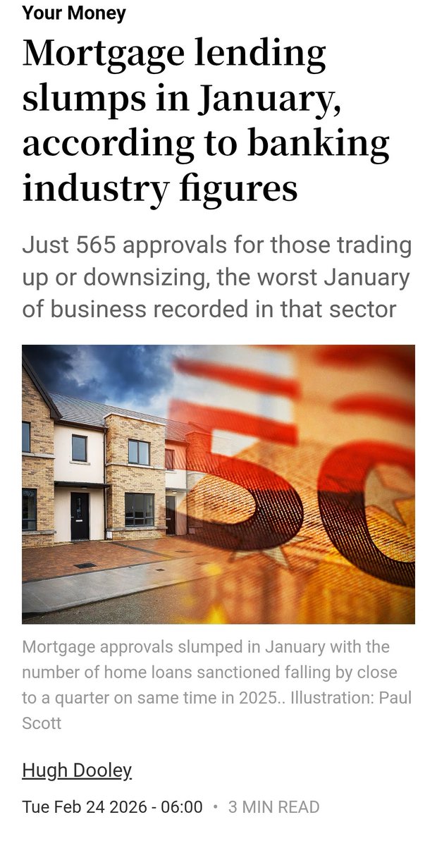 caulmick's tweet image. Priced Out 

Mortgage lending slumps in January, according to banking industry figures  - Hugh Dooley 

Approvals for first-time buyers, who account for the largest share of the mortgage market, also slumped, hitting their lowest level in more than two years.

#FFG #HousingCrisis