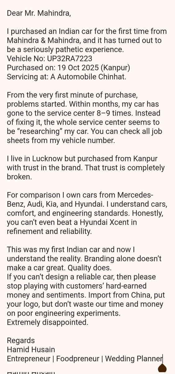 iamhamidHD's tweet photo. @anandmahindra @Mahindra_Auto @Mahindra_XUV7XO @nitin_gadkari 
Bought a Mahindra car and it turned out to be the worst decision. Poor quality, pathetic service. If you can’t maintain standards, stop fooling customers in the name of “Indian brand pride.” Do better. https://t.co/VxhskKxzRx