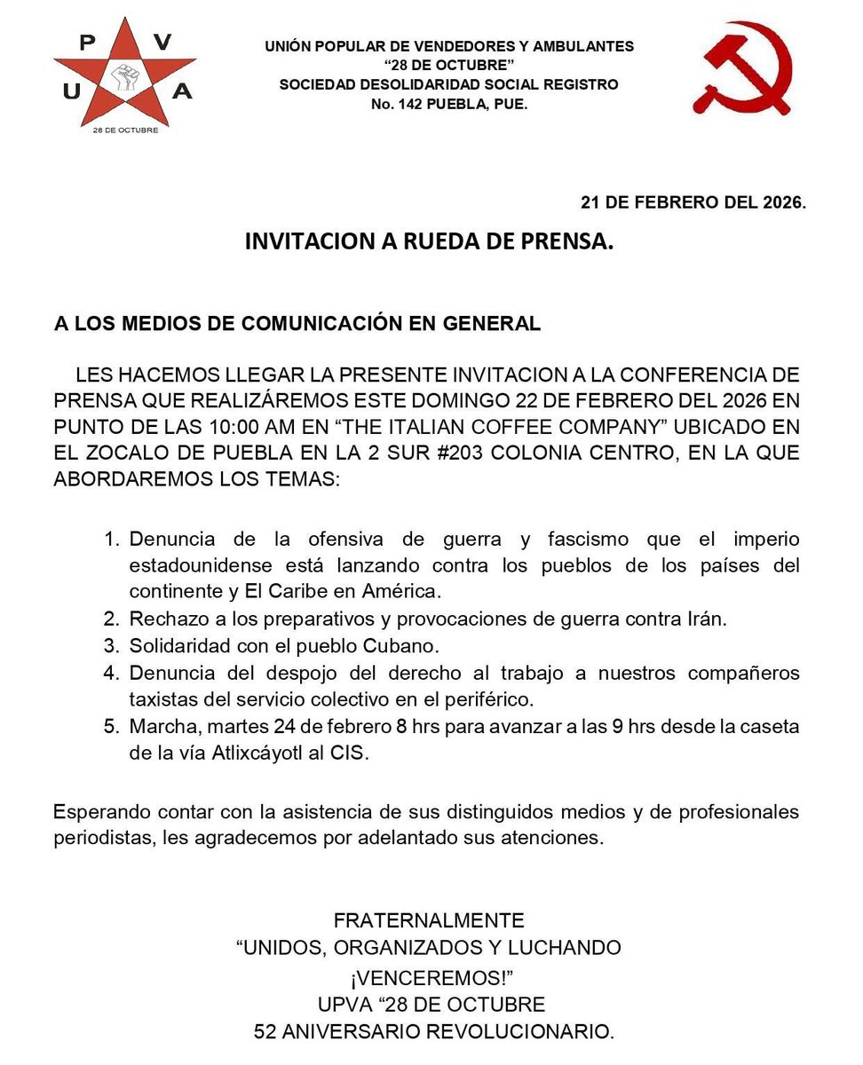 victorcabreramx's tweet image. 🚨 Mañana #martes habrá caos a las 9 a.m. Gracia a la UPVA “28 de Octubre” quienes amenazan con una nueva marcha partiendo de la caseta de #Atlixco rumbo al CIS de #Angelópolis, sobre Vía #Atlixcáyotl.

La marcha es en defensa de Venezuela, Cuba, Irán y los taxis piratas que les