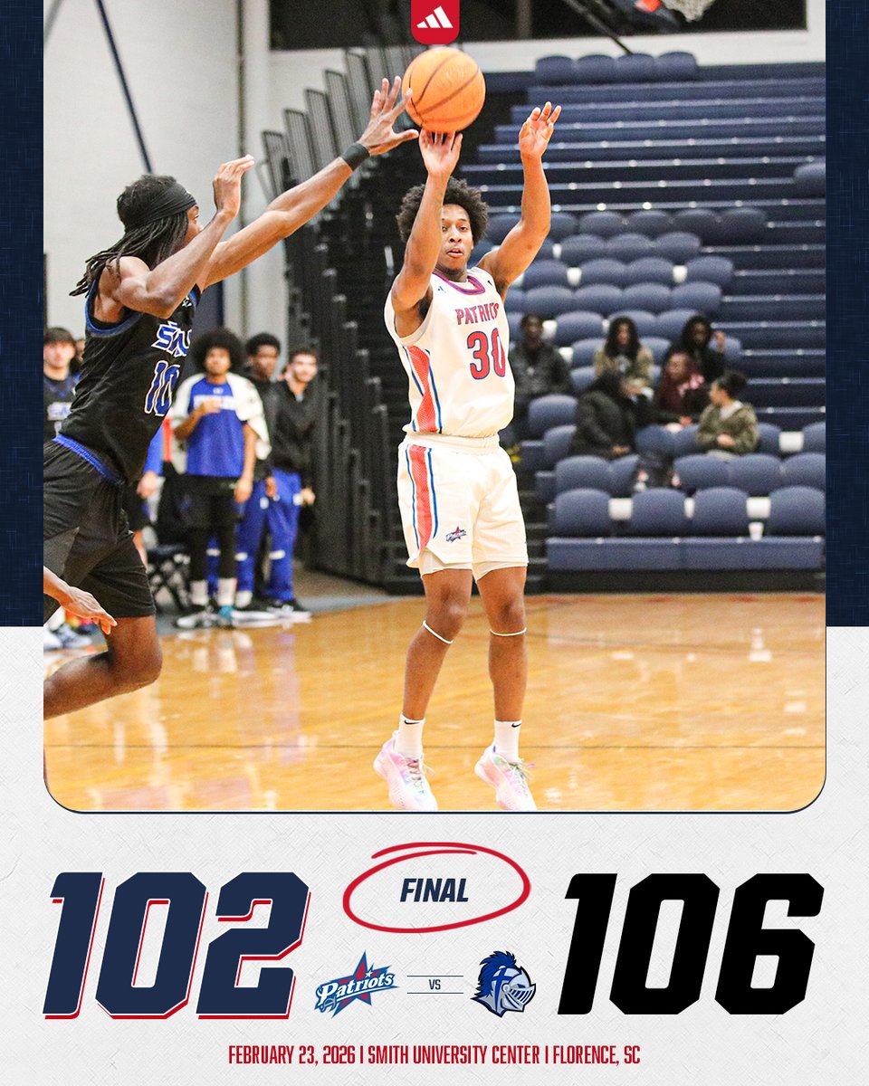 Final in Florence.

Junior Jevon Brown scores a career-high 4⃣1⃣ points and sets a new FMU record with 11-made three-pointers in a single game!

Pts: Brown 41, SaintCyr Jr 18, Deptula 16
Rebs: Cancela 10
Asts: Antonelli 8
Stls: Cancela 3

#SwampEm #GoPatsGo <a href="/FMUmbball/">Francis Marion University Men's Basketball</a>